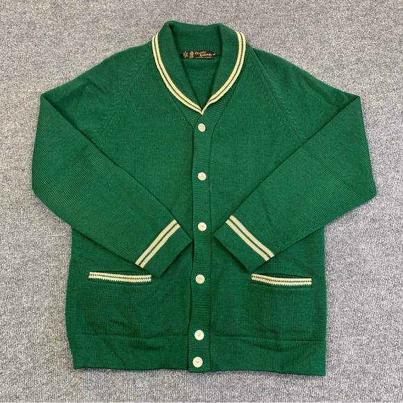 Other - Vintage 100% Wool Varsity Style Green Cardigan with White Trim